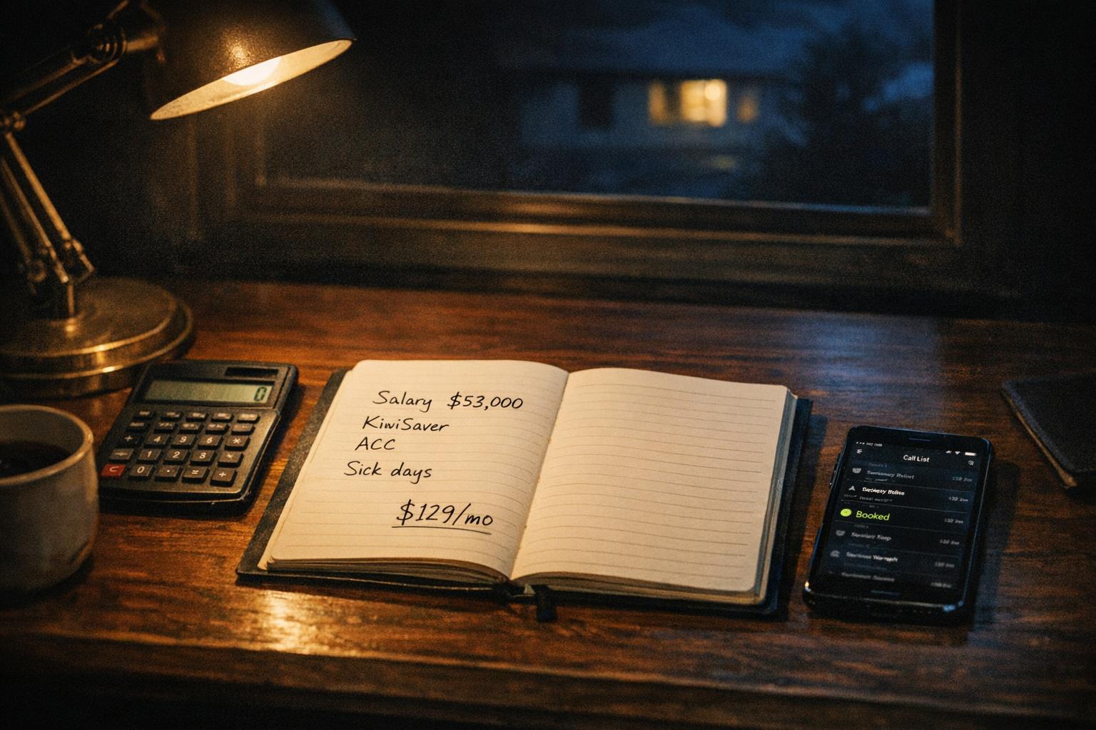 A notebook on a desk at night with handwritten receptionist hiring costs (salary, KiwiSaver, ACC, sick days) next to a much shorter column reading $129/mo, with a phone showing a Talkify booked call.