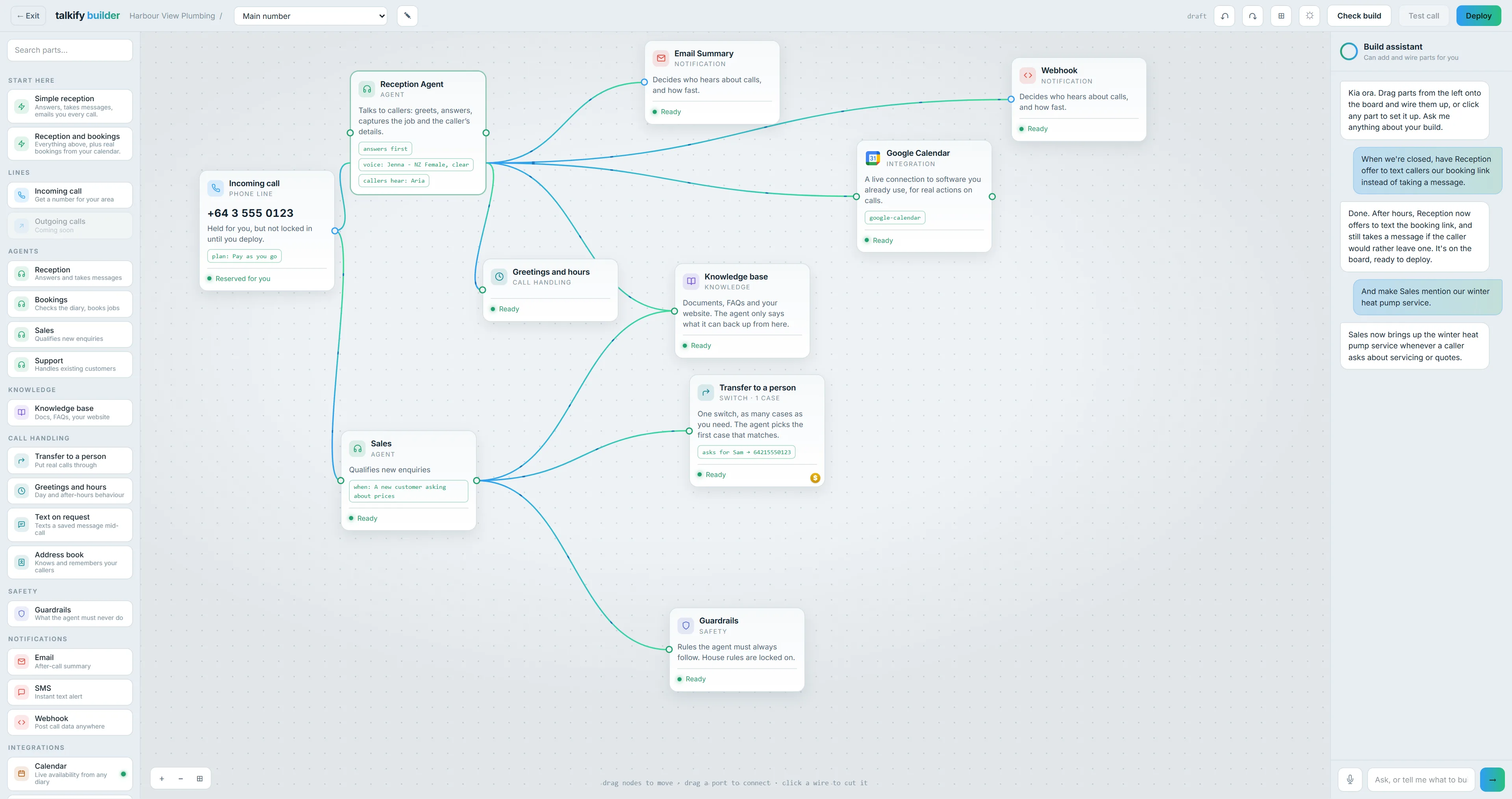 The Talkify agent builder: a phone number wired to reception and sales agents with a calendar, knowledge base, transfer switch, guardrails and notifications alongside, and the build assistant on the right making requested changes